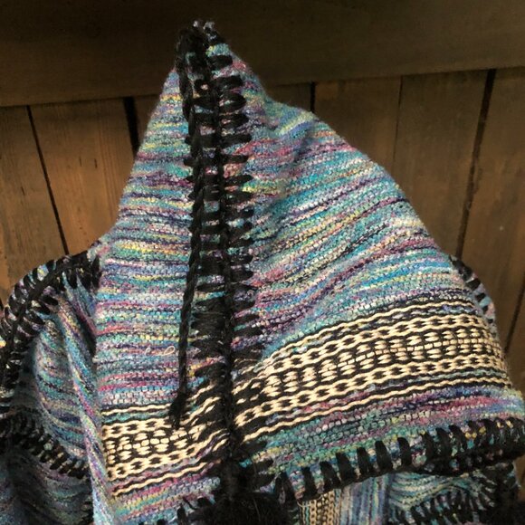 90s Hippie Baja Woven Hoodie , Open Front Sweater , Pointed Hood - Picture 8 of 9